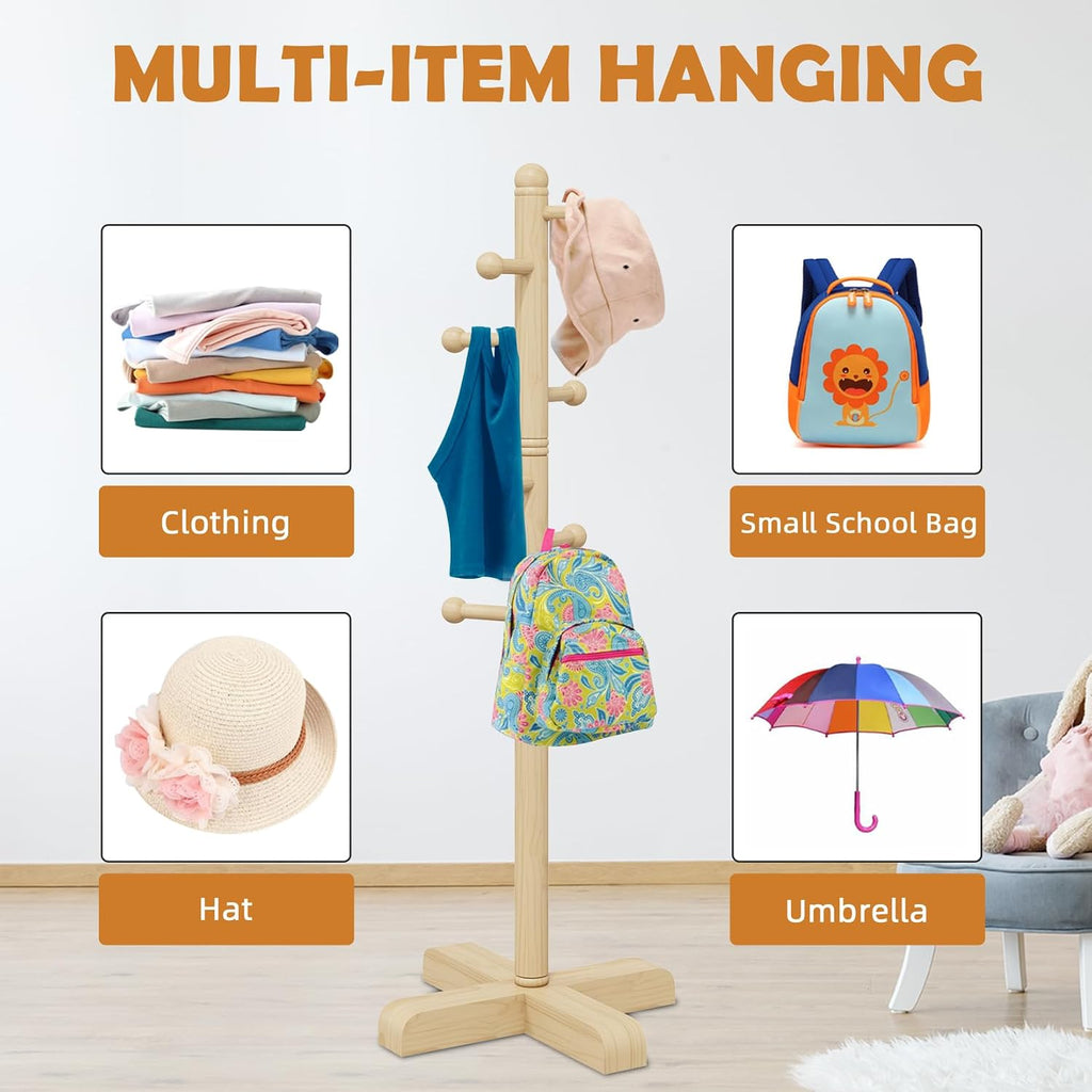 8-Hook Freestanding Wooden Coat Rack 2 Adjustable Heights Nature | Suitable for Bedroom Hallway Entrance Office,Holds Hats Handbags Purses Neatly,Space-Efficient Vertical Stand