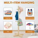 8-Hook Freestanding Wooden Coat Rack 2 Adjustable Heights Nature | Suitable for Bedroom Hallway Entrance Office,Holds Hats Handbags Purses Neatly,Space-Efficient Vertical Stand