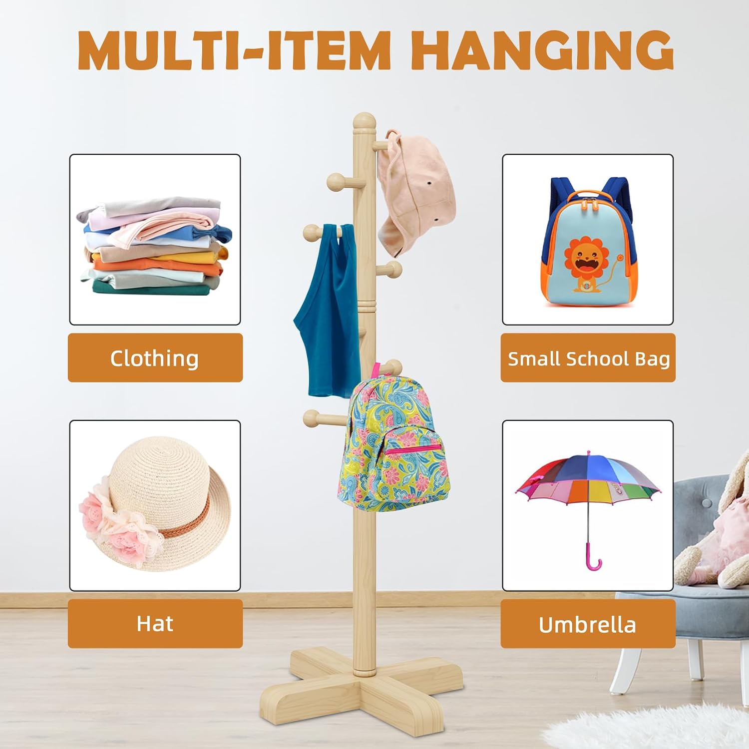 8-Hook Freestanding Wooden Coat Rack 2 Adjustable Heights Nature | Suitable for Bedroom Hallway Entrance Office,Holds Hats Handbags Purses Neatly,Space-Efficient Vertical Stand