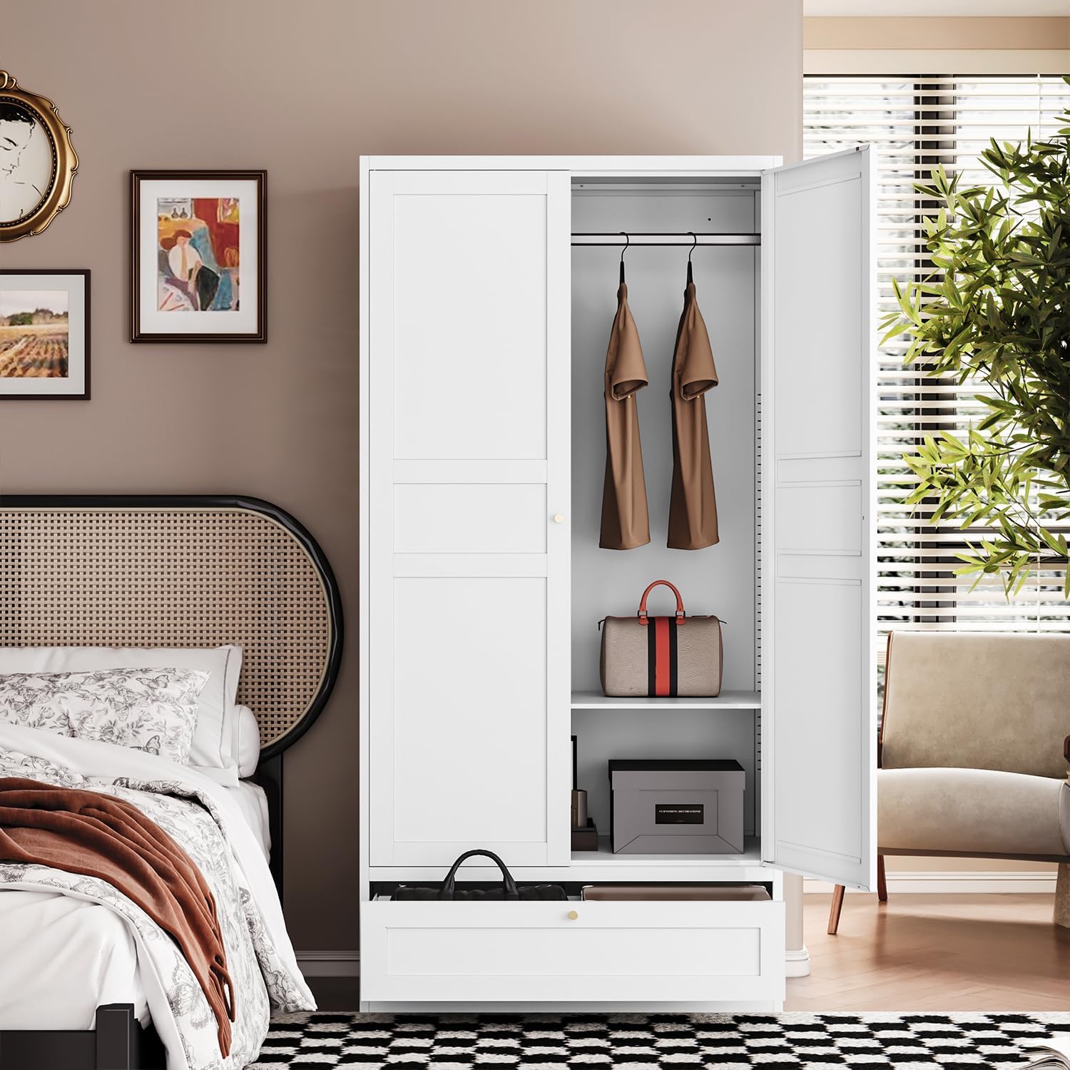 Letaya Wardrobe Closet,72" H Clothing Metal Storage Cabinet with Storage Drawer Adjustable Shelves and Hanging Rod,Bedroom Armoire Cabinet Clothes Organizer (White)