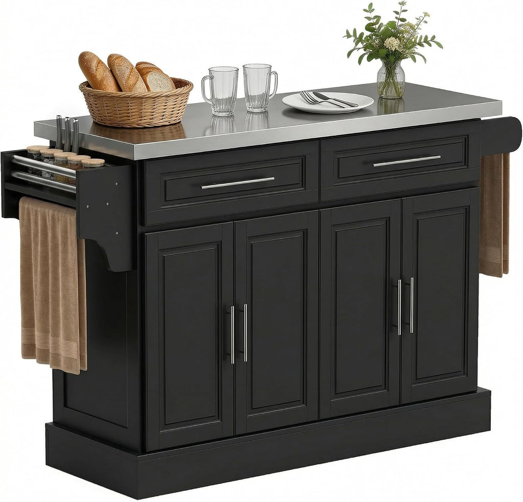 HOMCOM Rolling Kitchen Island Cart with 47" Stainless Steel Top Black | Portable Island Table for Kitchen, Wheels, Adjustable Shelves, 2 Drawers, Spice, Knife and Towel Rack