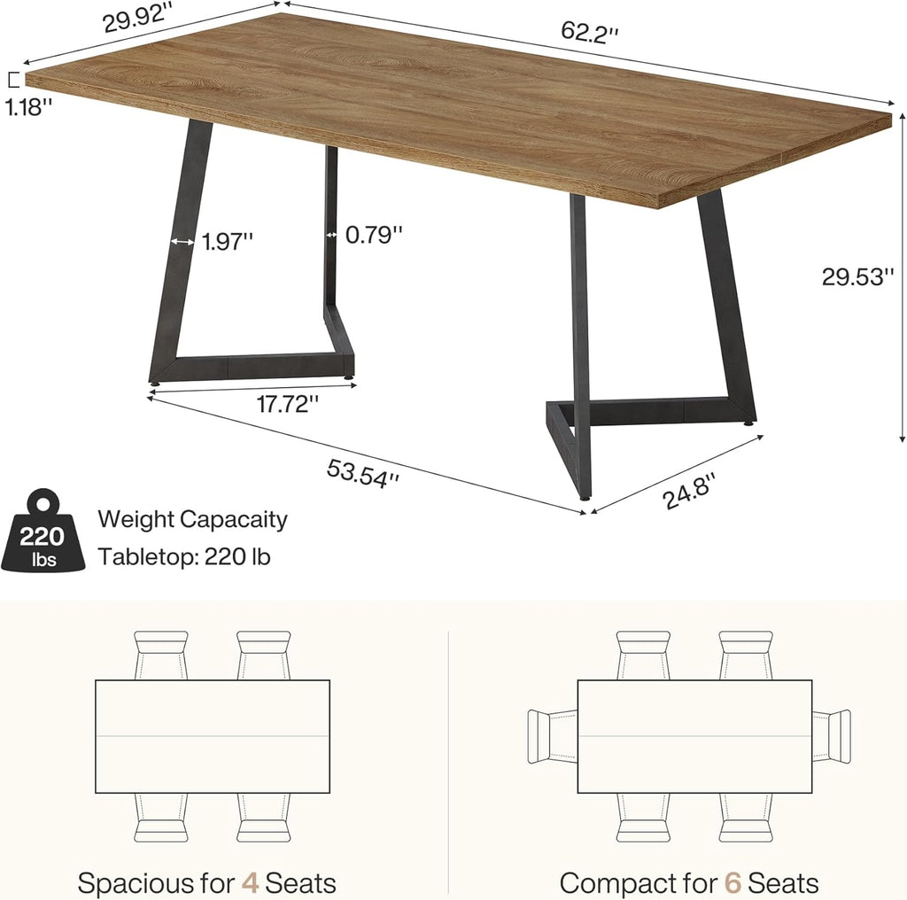 Tribesigns 62.2" Farmhouse Dining Table for 4-6, Industrial Rectangular Kitchen Dinner Table with Heavy-Duty Metal Legs for Home, Dining Room, Kitchen, Easy Assembly (Rustic Brown＋Black)