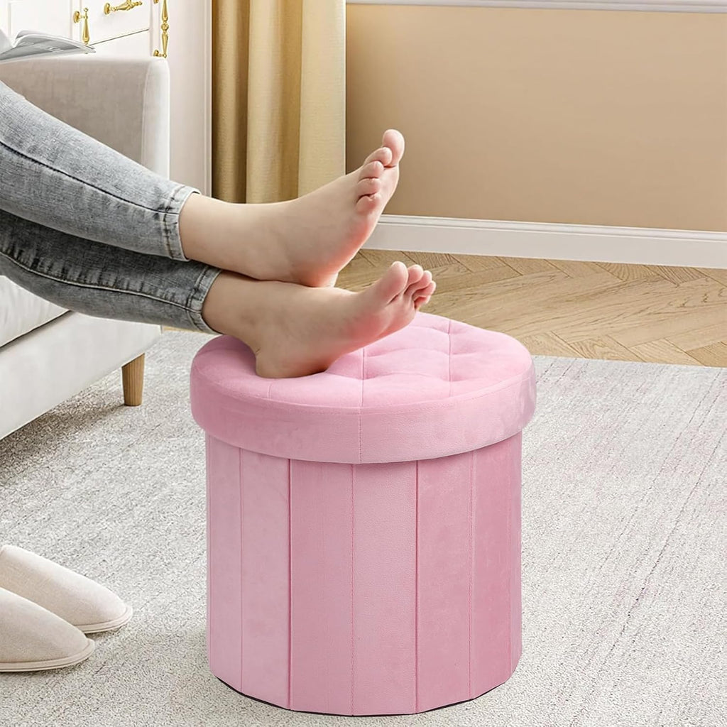 AmasSmile Storage Ottoman Folding Foot Rest Stool, 14x14x13 inch Small Leather Footstool Bench, Short Ottoman Bench, Storage Foot Rest Store, Blanket Chest, Rose Pink