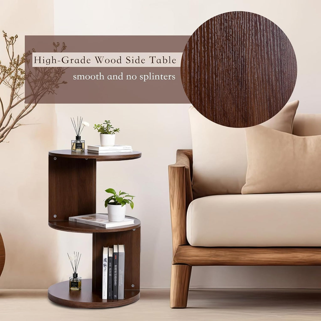 Wood 2-Tier 360° Rotating Bookshelf, Narrow Corner Bookcase & Accent Table, Floor Standing Storage Rack for Kids Bedroom Living Room, Space Saving