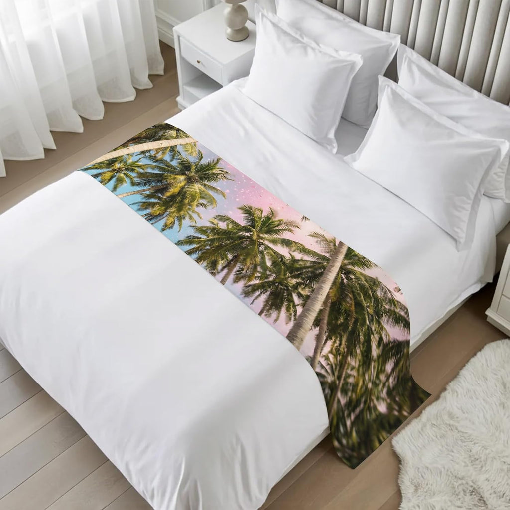 Green Coconut Trees Bed Runners for Queen Size Bed, Decorative Bed Throws for Foot of Bed, Coastal Tropical Plants Pink Blue Bed Runner Sofa Throw Bedding Scarf Protector Slipcover for Bedroom/Hotel