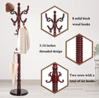Coat Rack Stand, Solid Wooden Coat Tree with 14 Hooks, Heavy Duty Coat Rack Freestanding with Sturdy Round Base, Natural Birch Wood Coat Hanger Stand for Entryway Bedroom (Rosewood)
