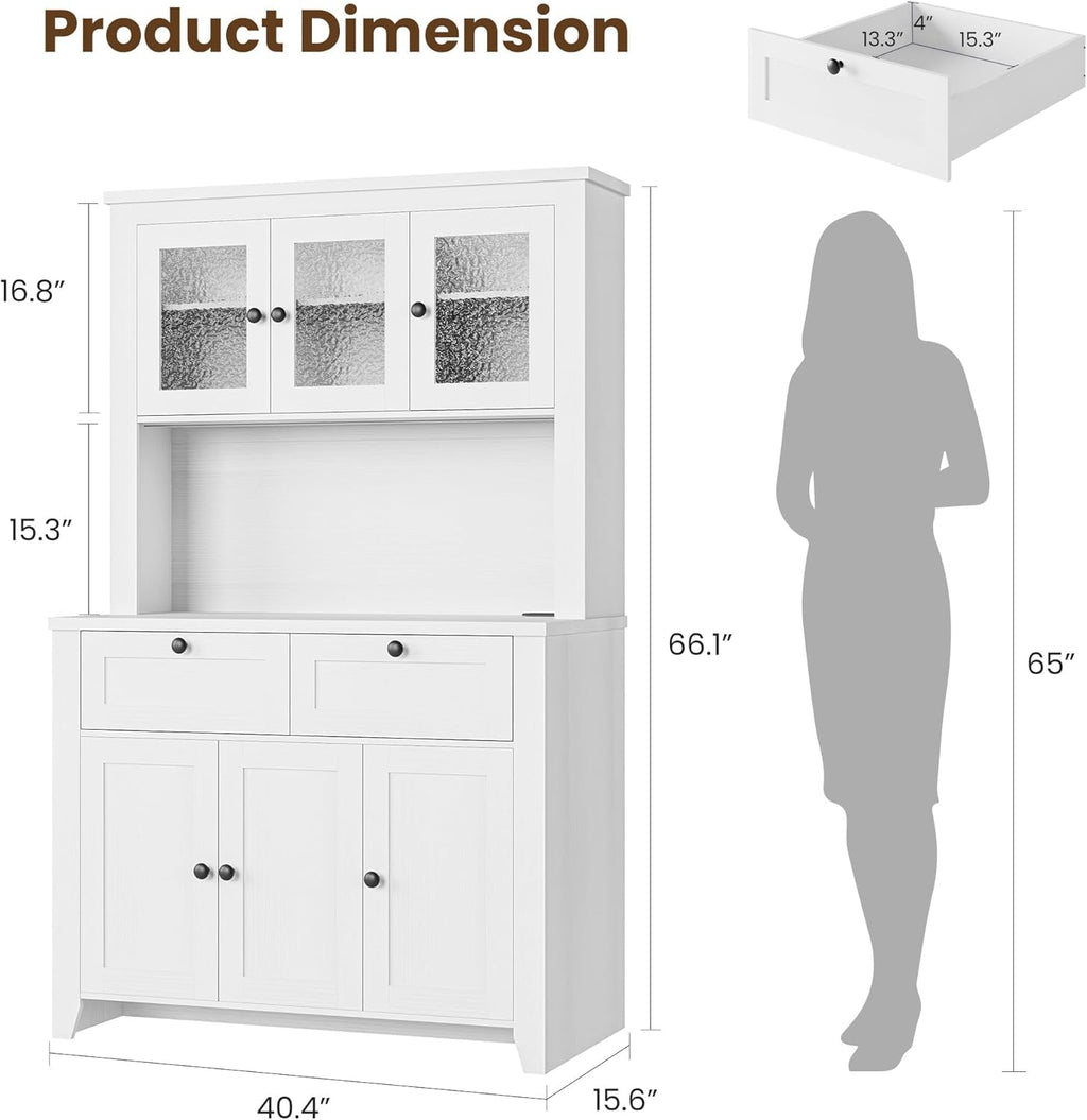 GAOMON 66" Tall Kitchen Pantry Cabinet, Modern Kitchen Hutch with Charging Station, Large Coffee Bar Storage Cabinet with Glass Doors and Drawers, White