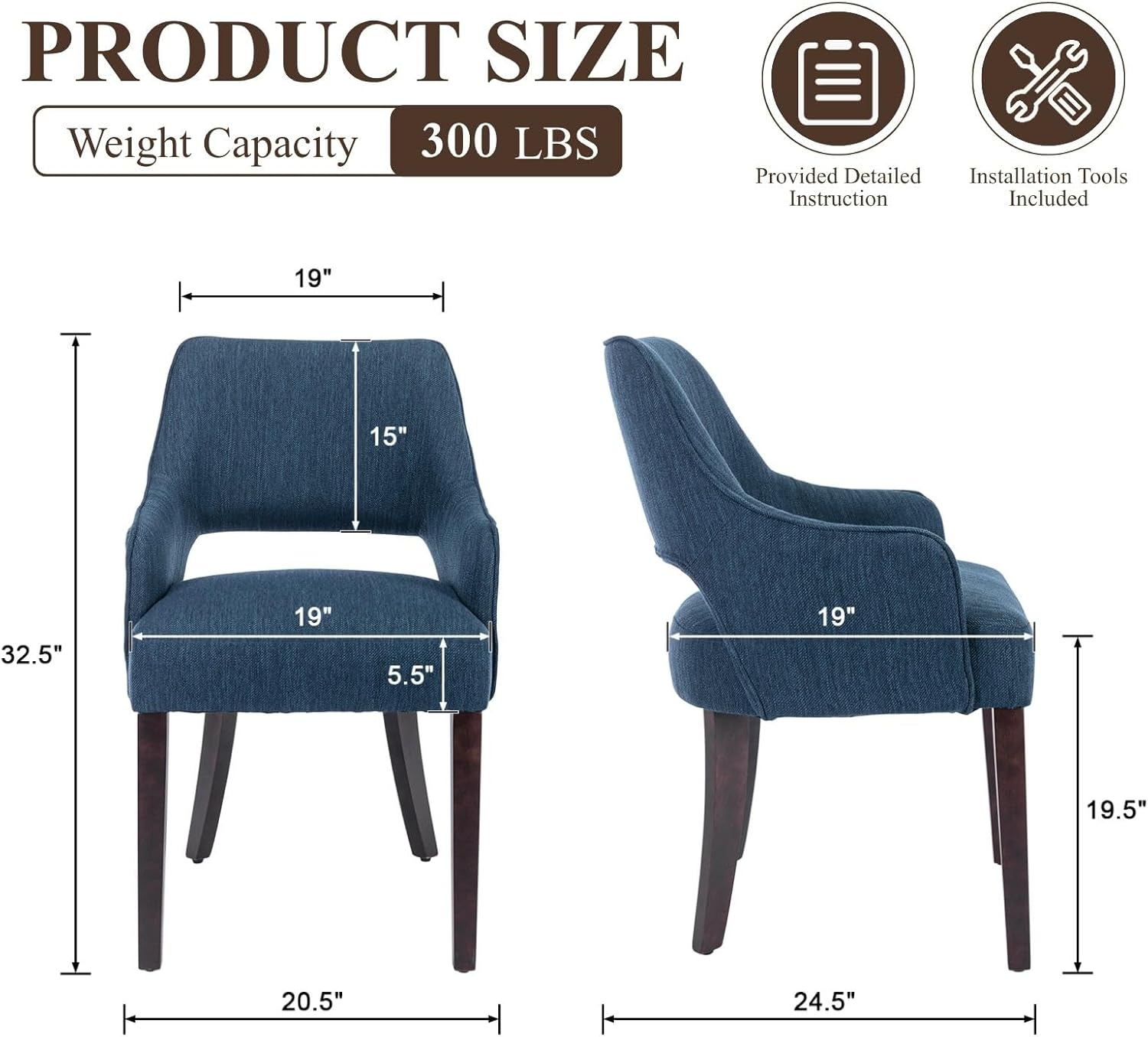 Blue Dining Chairs with Arms Set of 2, Farmhouse Upholstered Linen Dining Chairs, Curved Open Back Kitchen & Dining Room Chairs with Solid Wood Legs and Thick Cushion Seat, Blue