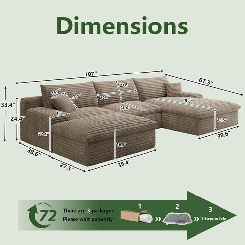 107" Cloud Couch Modular Sectional Sofa for Living Room, U-Shape Boneless Couch with Deep Seat, Modern Corduroy 3-Seater with Ottoman, No Assembly Required (Camel,Right-Facing Chaise)