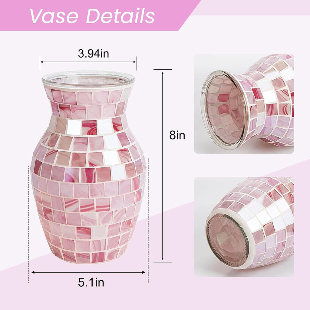 Pink Glass Vases for Flowers, Mosaic Vases Home Decor Glitter Handmade Modern Decorative Flower Holder for Home Table Decor Vase for Centerpieces Perfect for Office Living Room Banquet Wedding Gift