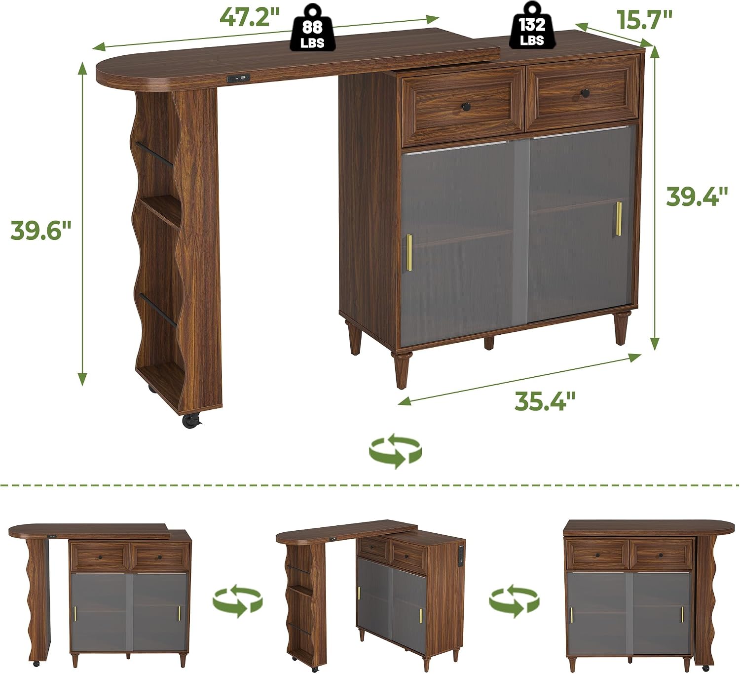 69" Kitchen Island with 360° Rotating Table,LED Lighting, Adjustable Shelves, Storage Cabinet & Power Outlet – Walnut Finish Extendable Dining Table for Kitchen, Dining Room, Bar