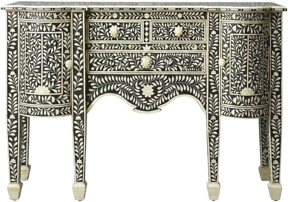 Starlight Canyon Home Boho Buffet Cabinet with 4 Drawers, Eclectic Wood Sideboard with Bone Inlay Detail in Black for Dining Room