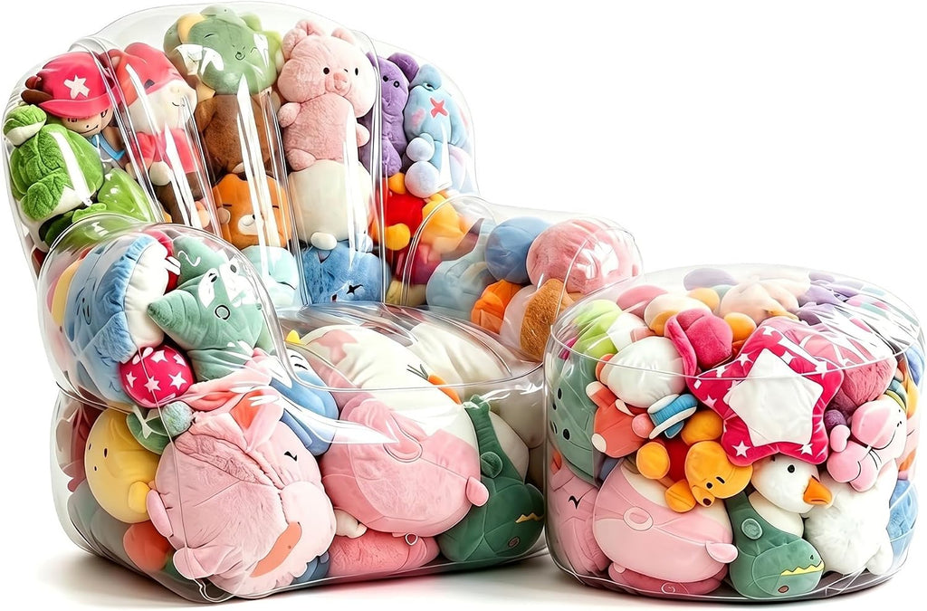 Clear Stuffed Animal Storage Sofa and Ottoman Cover Set, Extra Large Transparent Plush Toy Organizer, Thickened PVC Waterproof Toy Storage Seat with Rear Hook-and-Loop Closure, Cover Only, No Filler