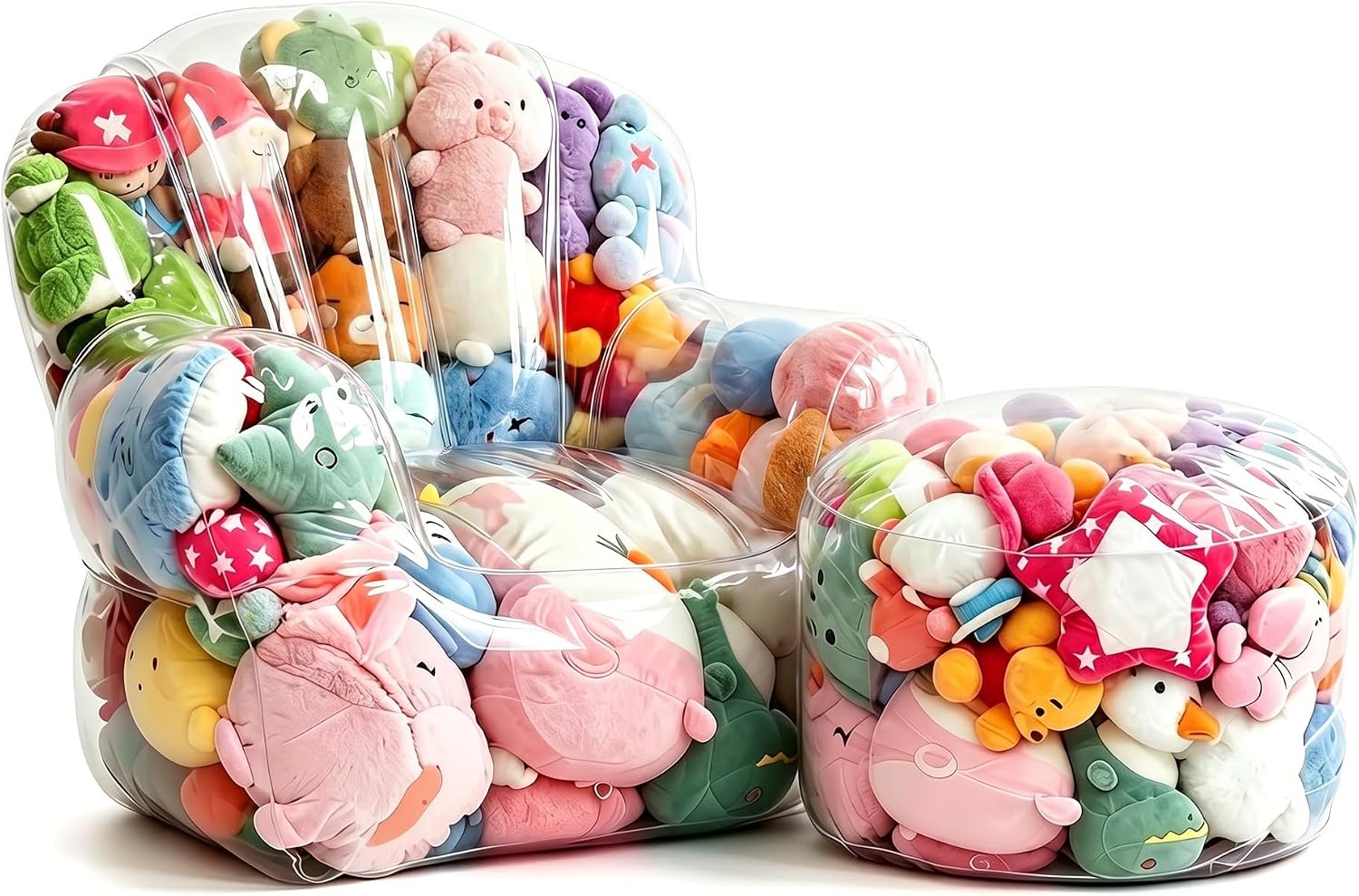 Clear Stuffed Animal Storage Sofa and Ottoman Cover Set, Extra Large Transparent Plush Toy Organizer, Thickened PVC Waterproof Toy Storage Seat with Rear Hook-and-Loop Closure, Cover Only, No Filler