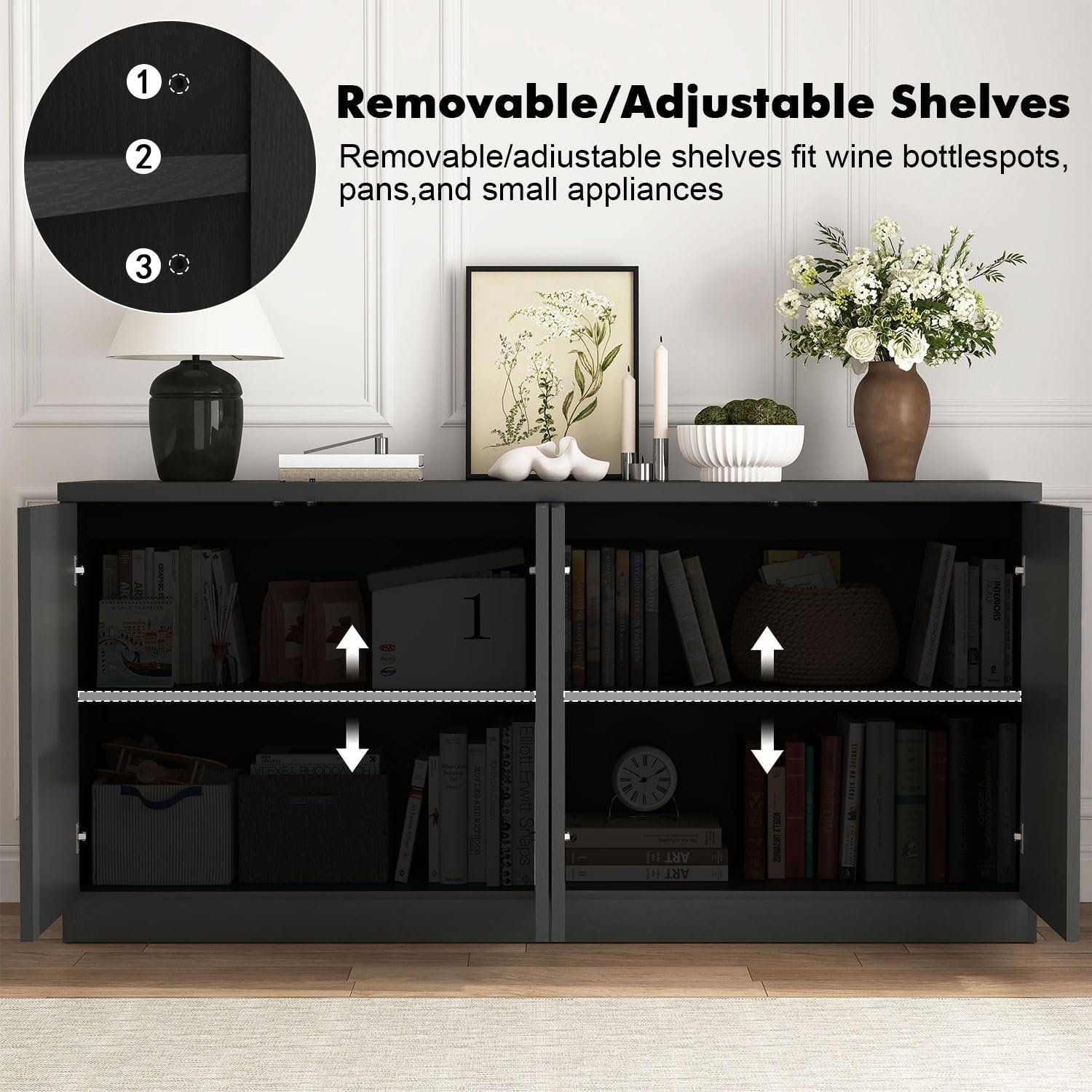 Fluted Sideboard Buffet Cabinet, 63" Credenza Storage Cabinet with 4/6 Doors,Media Console Table for Living Room Kitchen Entryway,Anti-Tip (Black)