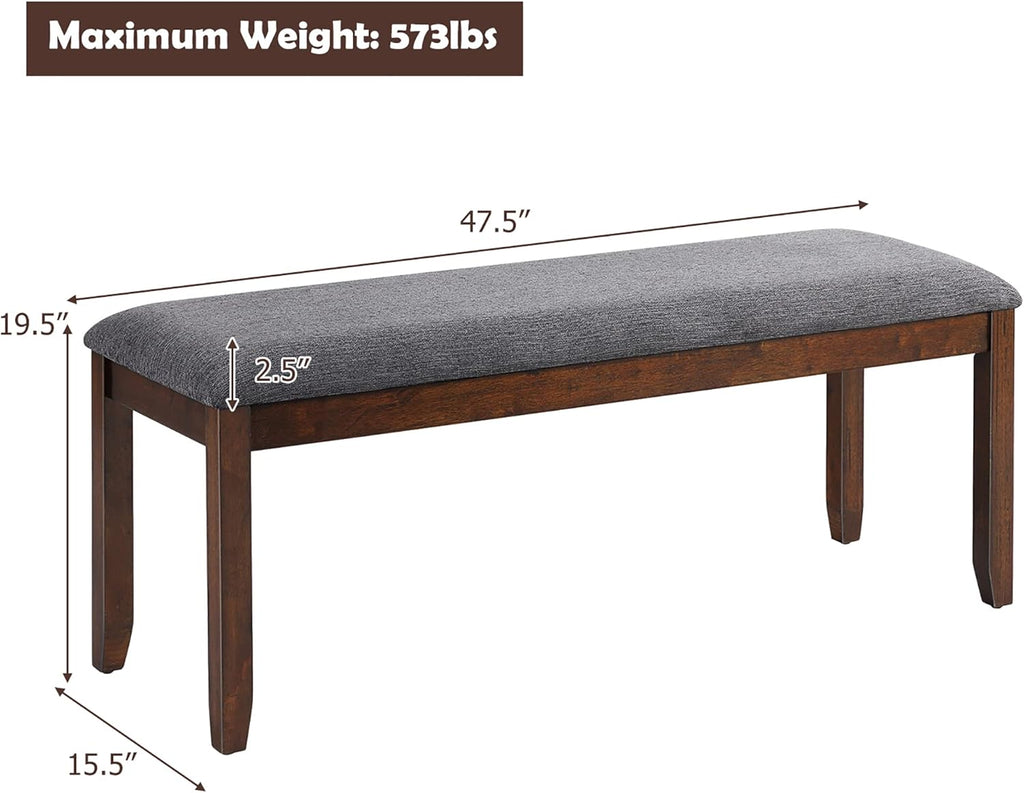 DORTALA Dining Bench, Upholstered Long Bench w/Natural Rubber Wood Legs, Foam-Padded Cushion, Linen Fabric Bench, Rustic Style for Dining Room, Kitchen, Living Room, Grey and Brown
