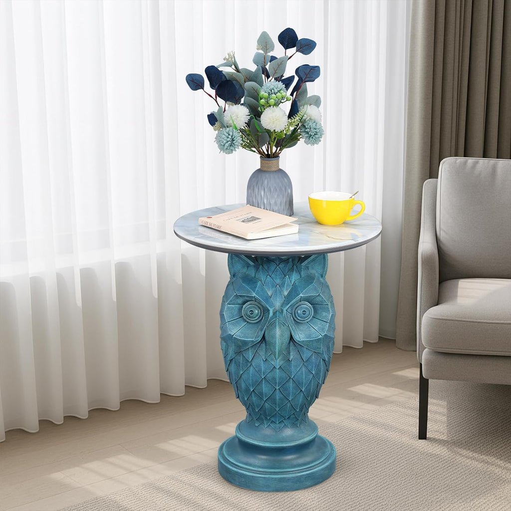 Luxury Owl Side Table, Blue Faux Marble Top Accent End Table, Decorative Animal Sculpture Furniture for Living Room, Bedroom, Entryway Home Decor