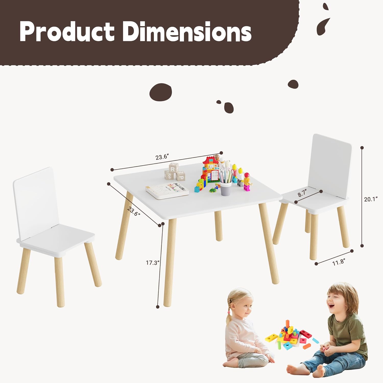 Kids Table and 2 Chairs Set, 3 Pieces Toddler Table and Chair Set, Kids' Table & Chair Sets, Kid Play Table for Daycare, Classroom, Home (White)