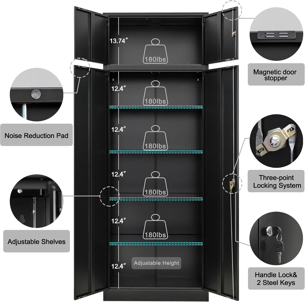 CJF Metal Storage Cabinet, 87 inch Tall Large Locking Cabinet with Top Cabinet, Garage Storage Cabinet with 4 Adjustable Shelves for Home Office, Garage and Utility Room-Black