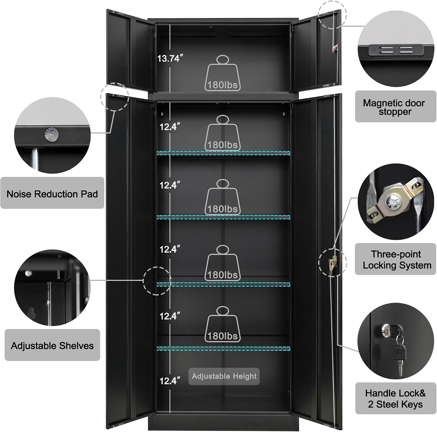 CJF Metal Storage Cabinet, 87 inch Tall Large Locking Cabinet with Top Cabinet, Garage Storage Cabinet with 4 Adjustable Shelves for Home Office, Garage and Utility Room-Black