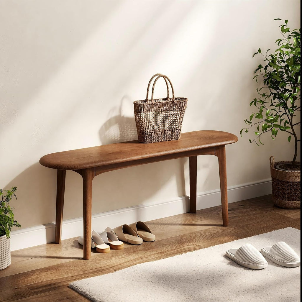 DONGMUWUEJEE 100% Solid Wood Dining Bench, Wood Bench for End of Bed with Rounded Corners, Entryway Benches for Farmhouse, Kitchen, Living Room and Plant Stand (Walnut, 39.4" D x 11.8" W x 19.7" H)