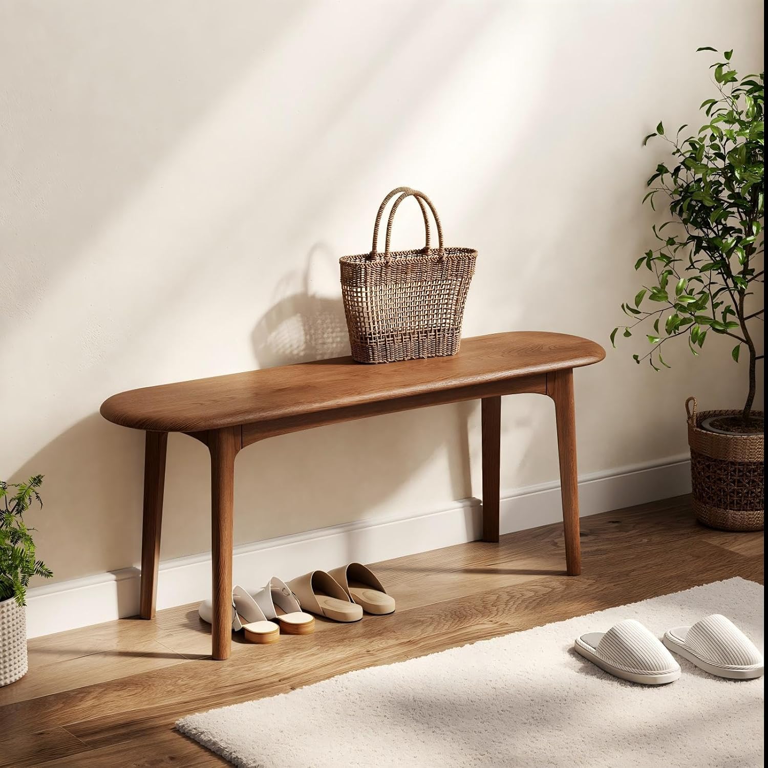 DONGMUWUEJEE 100% Solid Wood Dining Bench, Wood Bench for End of Bed with Rounded Corners, Entryway Benches for Farmhouse, Kitchen, Living Room and Plant Stand (Walnut, 39.4" D x 11.8" W x 19.7" H)