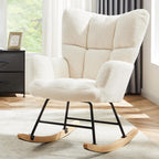HealSmart Nursery Rocking Chair Teddy - Upholstered Comfy Glider Rocker with High Back Armchair, Cozy Reading Recliner Fluffy Comfortable Chair for Bedroom, Baby Room, Living Room and Study, Beige