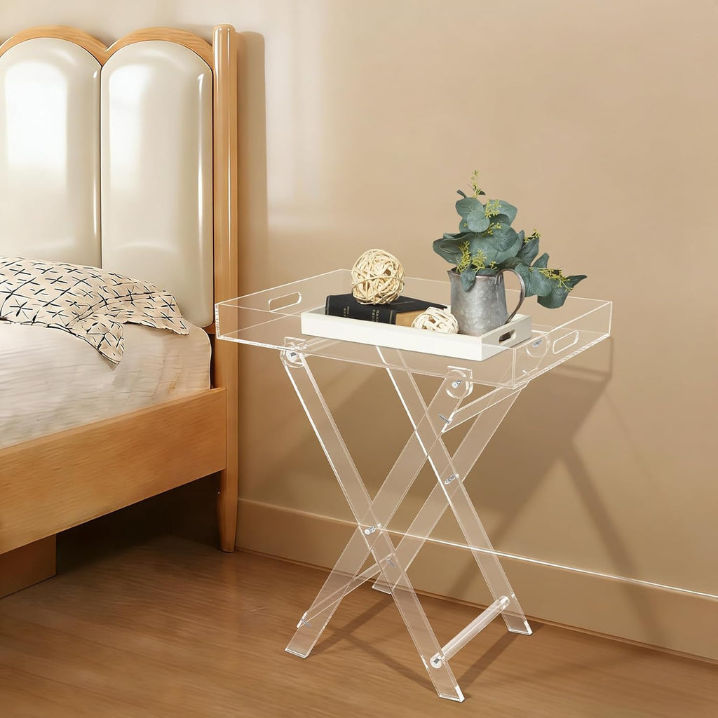 Clear Acrylic Folding Tray Table, Modern Side End Table with Handles,Kitchen and Bar Serving Table, 23.62x20.08x13.78 Inch