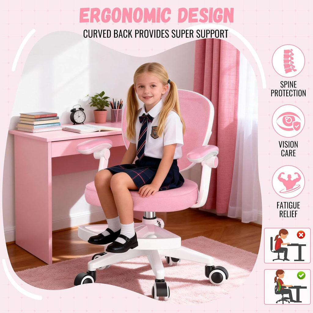 Adjustable Kids Desk Chair, Ergonomic Children Study Computer Chair with Footrest & Flip-up Armrest, Mesh Student Teen Task Chair with Wheels, Kids Office Chair for Boys Girls (Pink-White)
