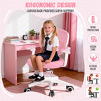 Adjustable Kids Desk Chair, Ergonomic Children Study Computer Chair with Footrest & Flip-up Armrest, Mesh Student Teen Task Chair with Wheels, Kids Office Chair for Boys Girls (Pink-White)