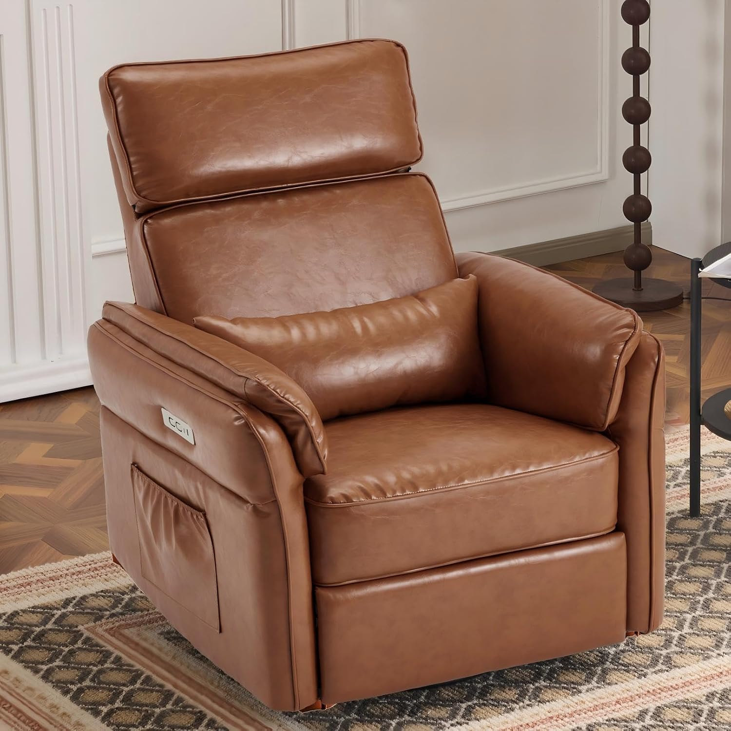 MELLCOM Power Recliner Rocking Chair with Adjustable Arms and Headrest, Swivel Electric Glider Reclining Nursing Chair Nursery Gliders with USB Port and Storage Bags, FSC Certified(Leather, Brown)