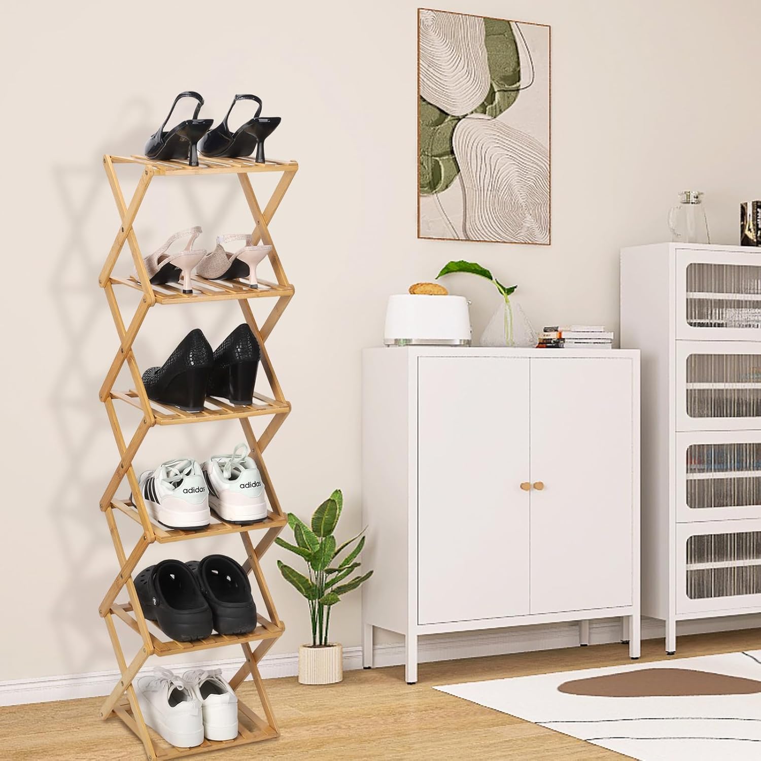 Bamboo Shoe Rack 6 Tier Foldable Shoe Rack Narrow Vertical Shoe Organizer Free Standing Shelf, Multifunctional Slim Storage for Entryway, Corner, Bedroom, Hallway, Wood Color