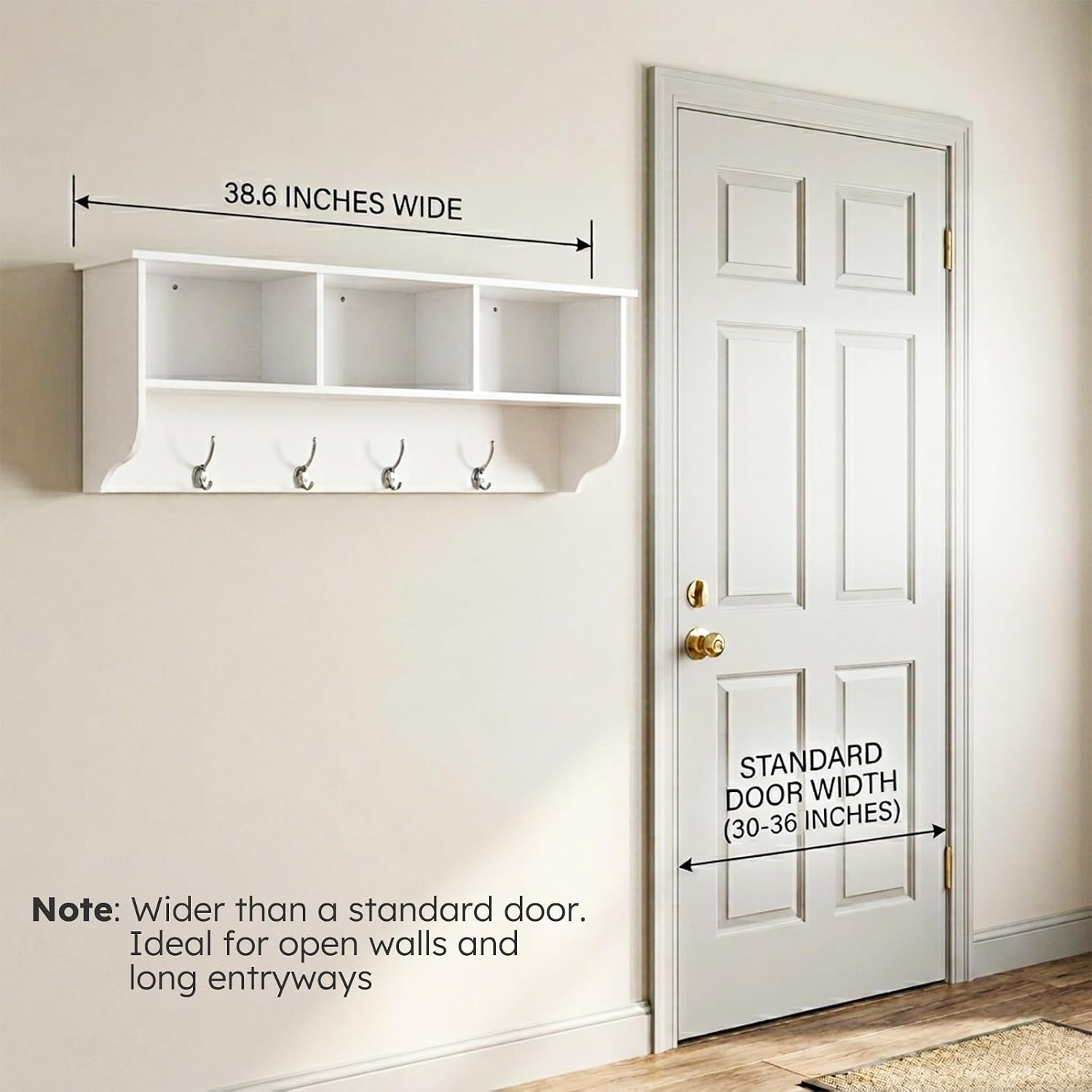 38.6" Contemporary Wall Mounted Coat Rack with Shelf, Entryway Hanging Coat Rack with 3 Shelves, Wall Shelf with 4 Dual Hooks for Hallway, Living Room, Bedroom (White)