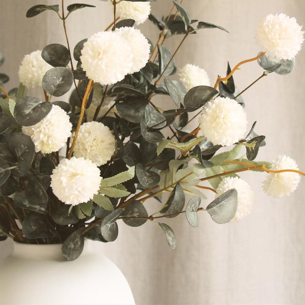 White Artificial Flowers & Greenery With Vase, Faux Floral Arrangement Centerpiece for Dining Table, Realistic Silk Flowers With Modern Vase for Kitchen, Living Room, Bedroom, Entryway & Bathroom