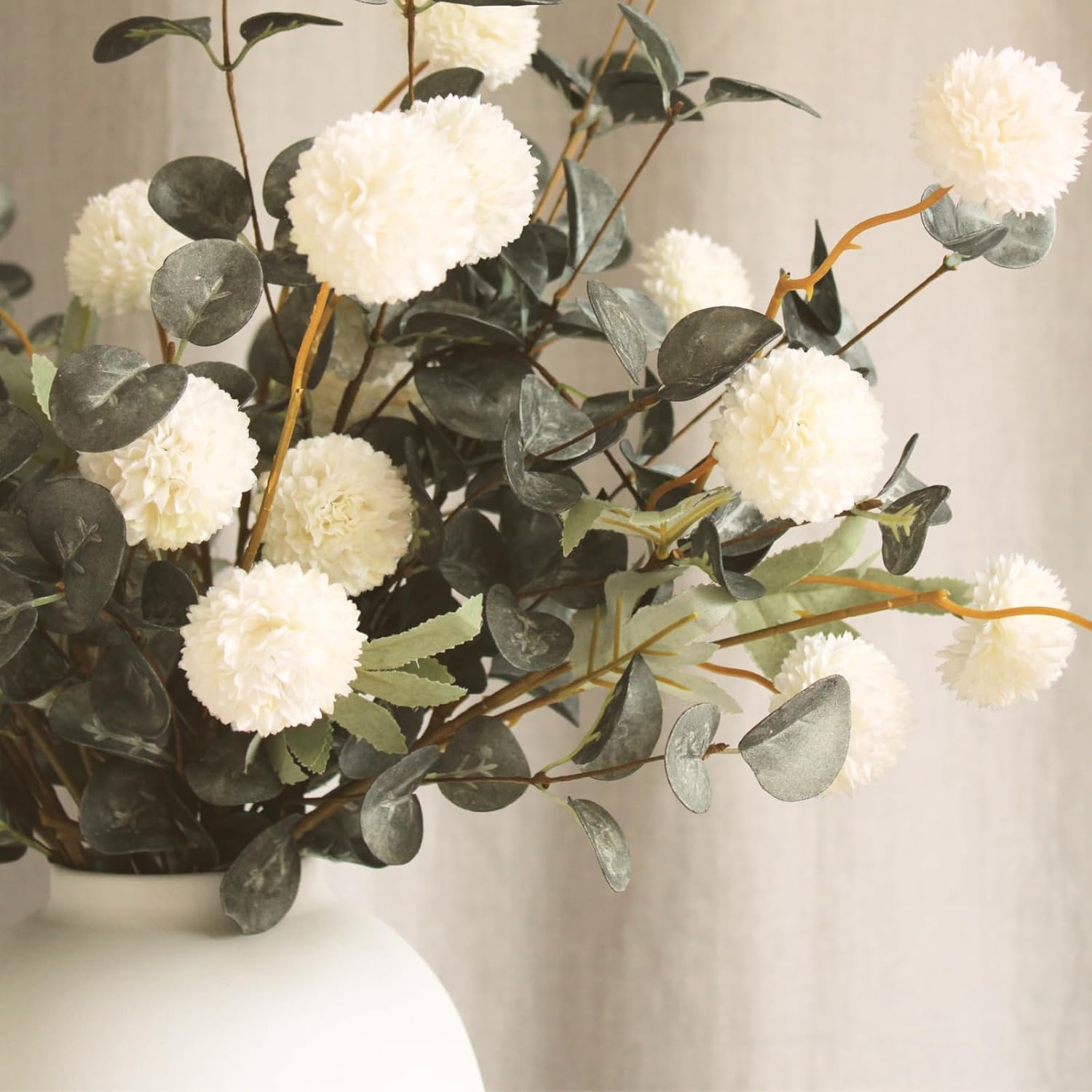 White Artificial Flowers & Greenery With Vase, Faux Floral Arrangement Centerpiece for Dining Table, Realistic Silk Flowers With Modern Vase for Kitchen, Living Room, Bedroom, Entryway & Bathroom