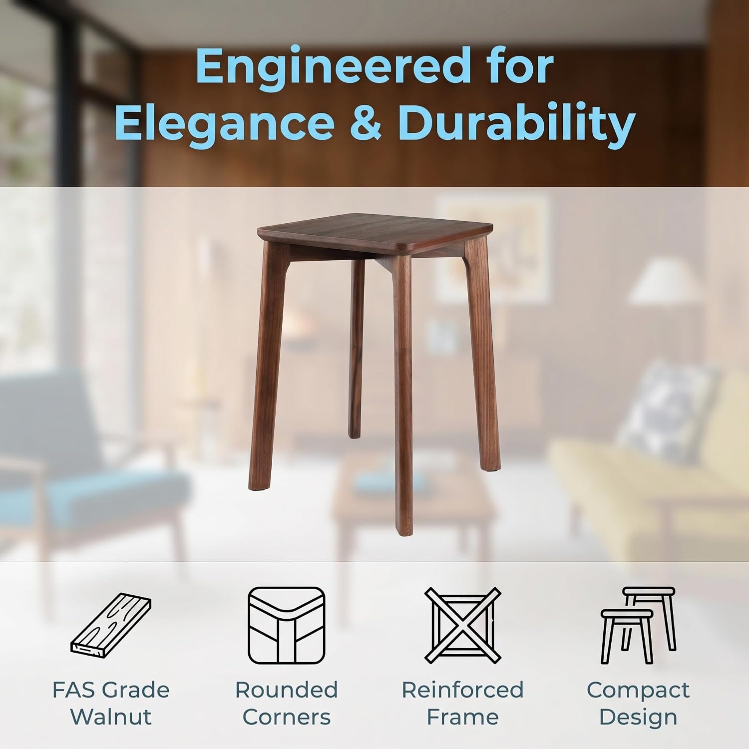 Walnut Wood Mini Square Coffee Table, 12"x12"x17.7" Small Side End Table for Bedside, Sofa Side, Balcony