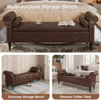 FiveWillowise 65" End of Bed Storage Bedroom Bench with Storage,Faux Leather Storage Ottoman Bench with Rolled Arms and Nailhead Trim for King Size End of Bed,Entryway,Living Room,Chocolate