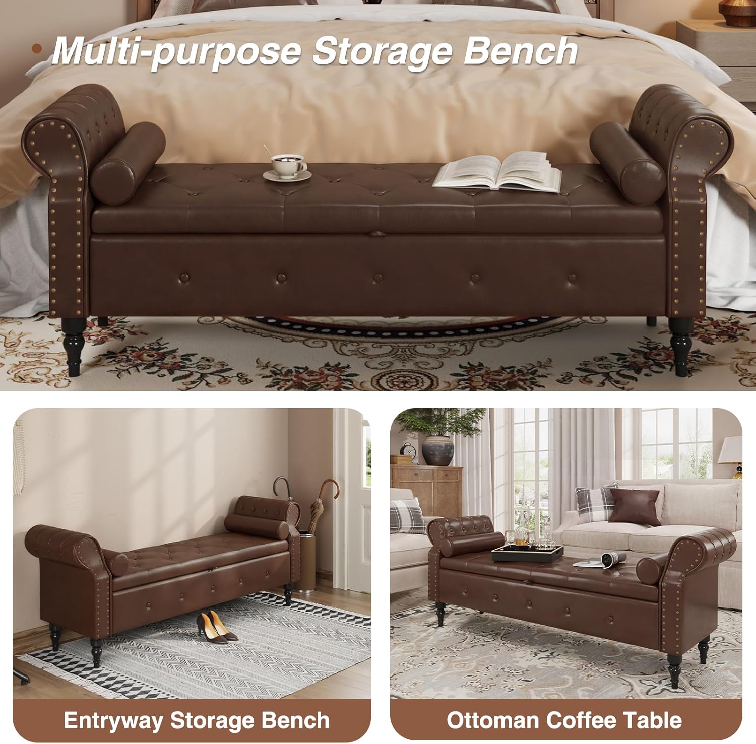 FiveWillowise 65" End of Bed Storage Bedroom Bench with Storage,Faux Leather Storage Ottoman Bench with Rolled Arms and Nailhead Trim for King Size End of Bed,Entryway,Living Room,Chocolate