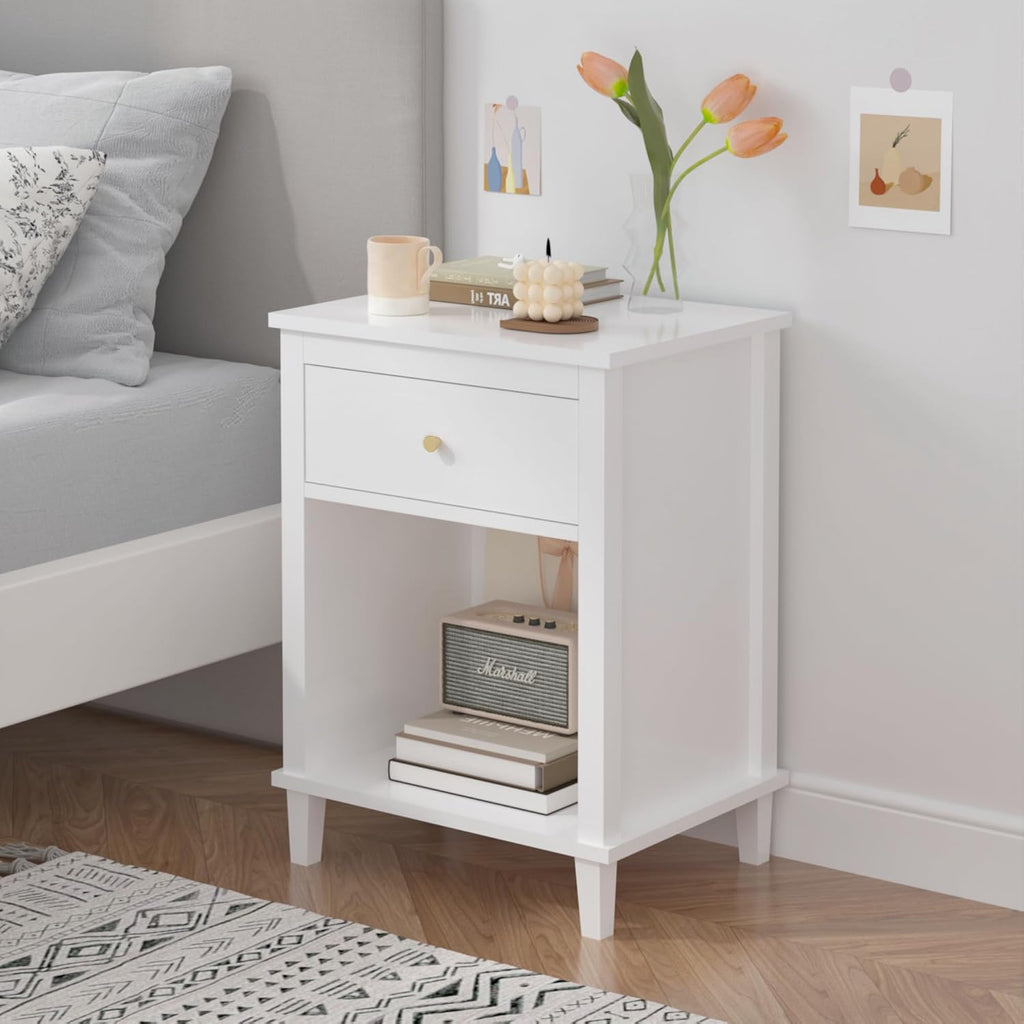 Kids Nightstand Modern Kids Bedside Table with Drawer & Open Storage Shelf Wood End Side Table Toddler Nightstand for Bedroom Living Room (White)