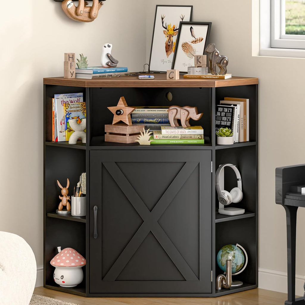 Vabches Corner Cabinet, Corner Storage Shelf with USB Ports and Outlets Industrial Organizer for Small Space Wooden 6-Cubby Bookshelf for Study, Playroom, Living Room (Black and Brown)