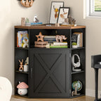 Vabches Corner Cabinet, Corner Storage Shelf with USB Ports and Outlets Industrial Organizer for Small Space Wooden 6-Cubby Bookshelf for Study, Playroom, Living Room (Black and Brown)