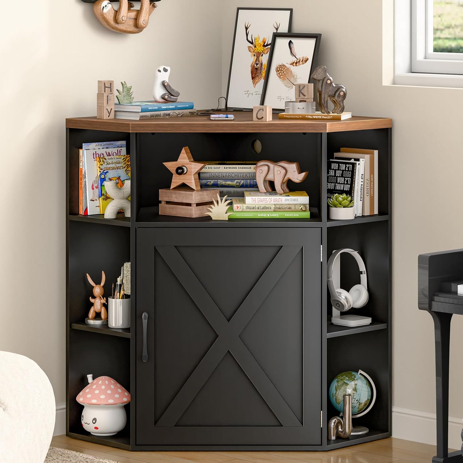 Vabches Corner Cabinet, Corner Storage Shelf with USB Ports and Outlets Industrial Organizer for Small Space Wooden 6-Cubby Bookshelf for Study, Playroom, Living Room (Black and Brown)
