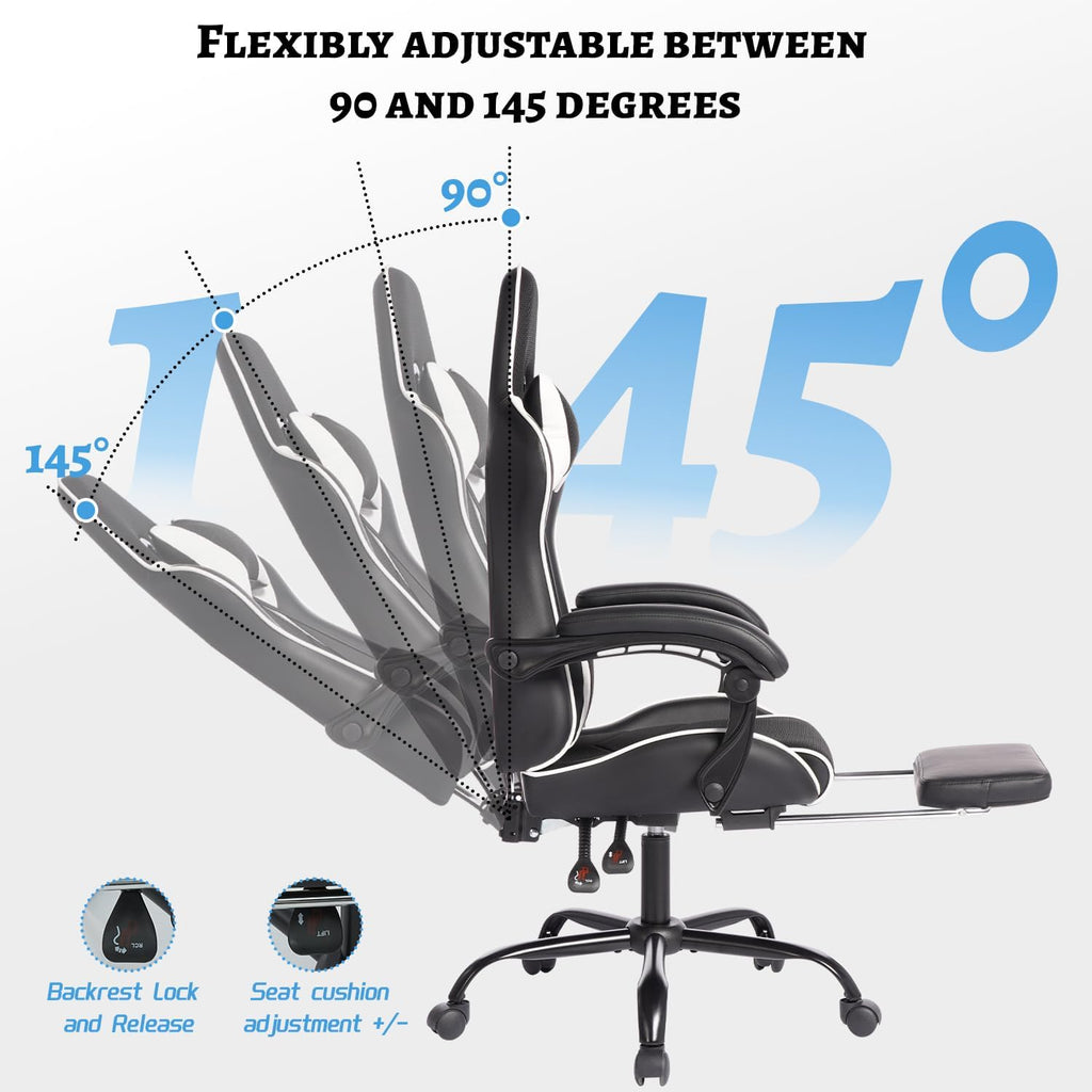 Gaming Chair, Computer Chair with Footrest and Lumbar Support,High Back Ergonomic Office Chair, Height Adjustable Game Chair with 360°-Swivel Seat and Headrest, for Office or Gaming (White)