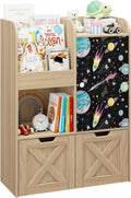Befrases Kids Toy Storage Organizer with Blackboard, 3-in-1 Toy Organizers and Storage with Reading Nook, Wooden Toy Chest Storage with 2 Drawers and Hidden Wheels for Playroom Storage, Oak