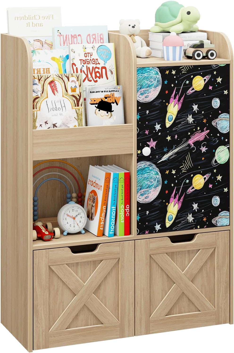 Befrases Kids Toy Storage Organizer with Blackboard, 3-in-1 Toy Organizers and Storage with Reading Nook, Wooden Toy Chest Storage with 2 Drawers and Hidden Wheels for Playroom Storage, Oak