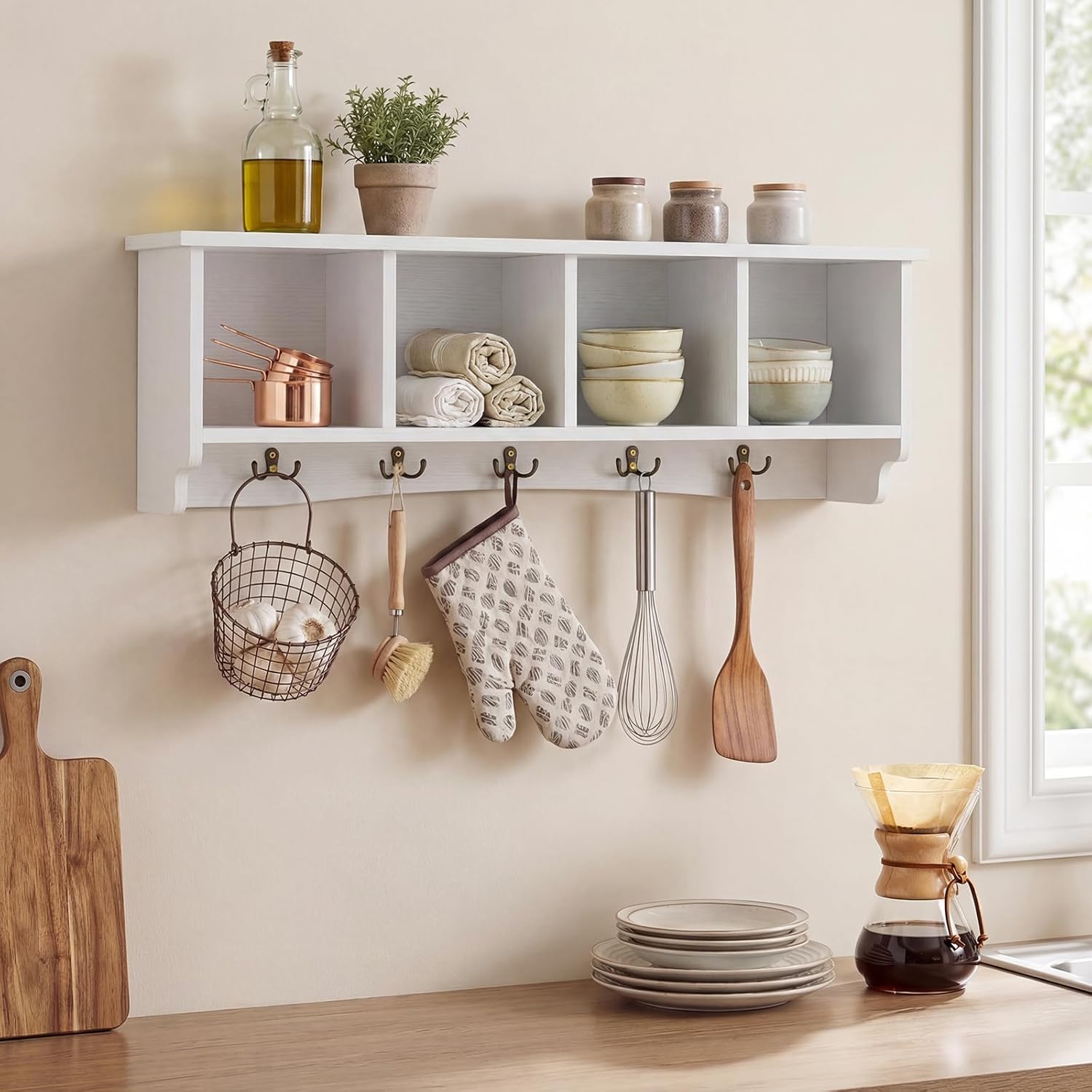 Giantex Wall Mounted Coat Rack, 28.5'' Wooden Floating Shelf with 4 Cubbies & 5 Double Hooks, Modern Space-Saving Storage Display Organizer for Entryway, Hallway, Mudroom (White)