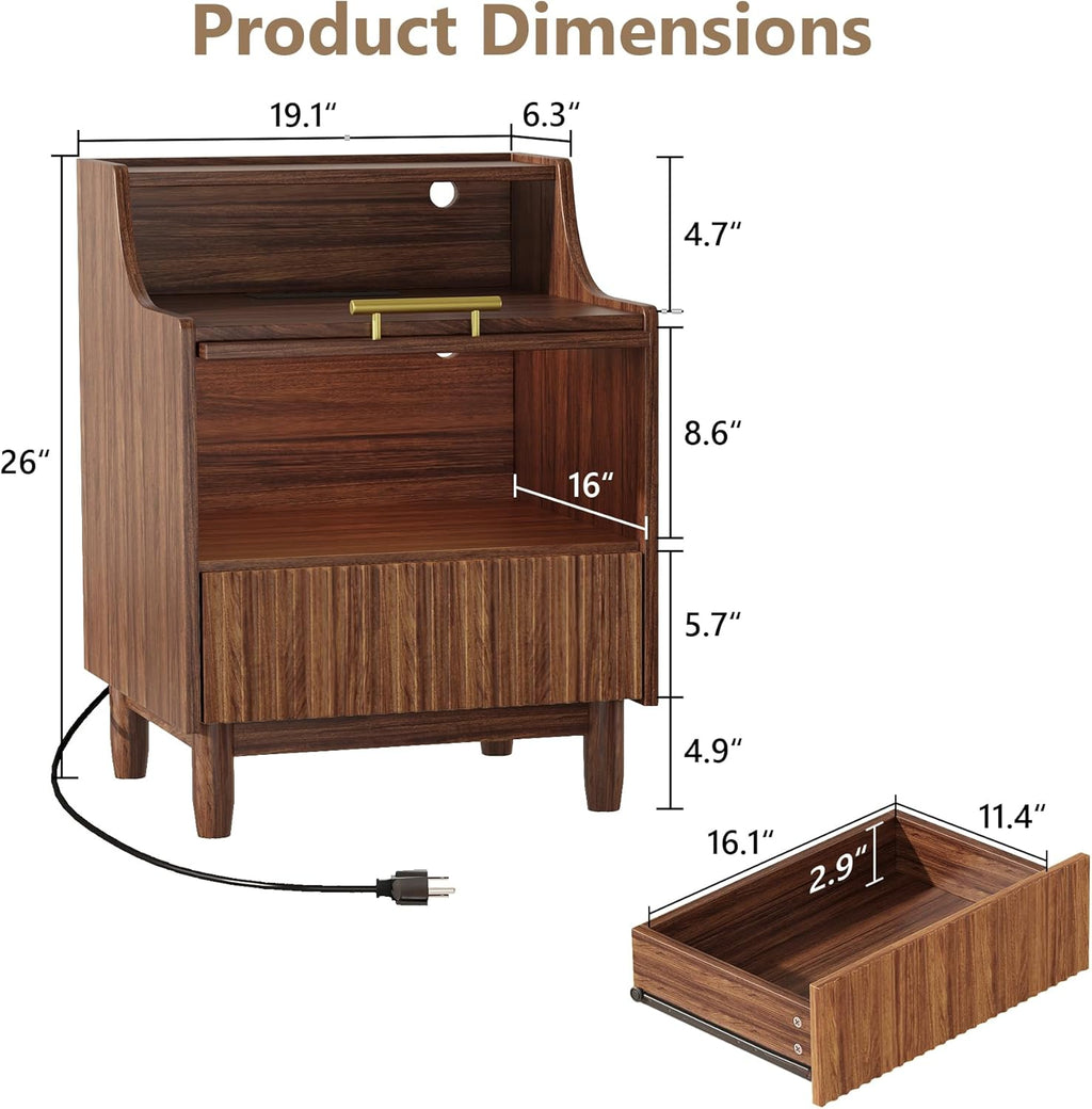 Einhomn Fluted Nightstand with Charging Station and Light, End Table with Drawer & Transparent Storage, Side Table for Bedroom, Narrow Bedside Table for Living Room Small Space, Walnut