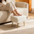 Small Foot Stool with Storage & Gold Metal Legs, Small Ottoman Foot Rest Under Desk for Couch, Chair, White Furry with High-Density Resilient Sponge
