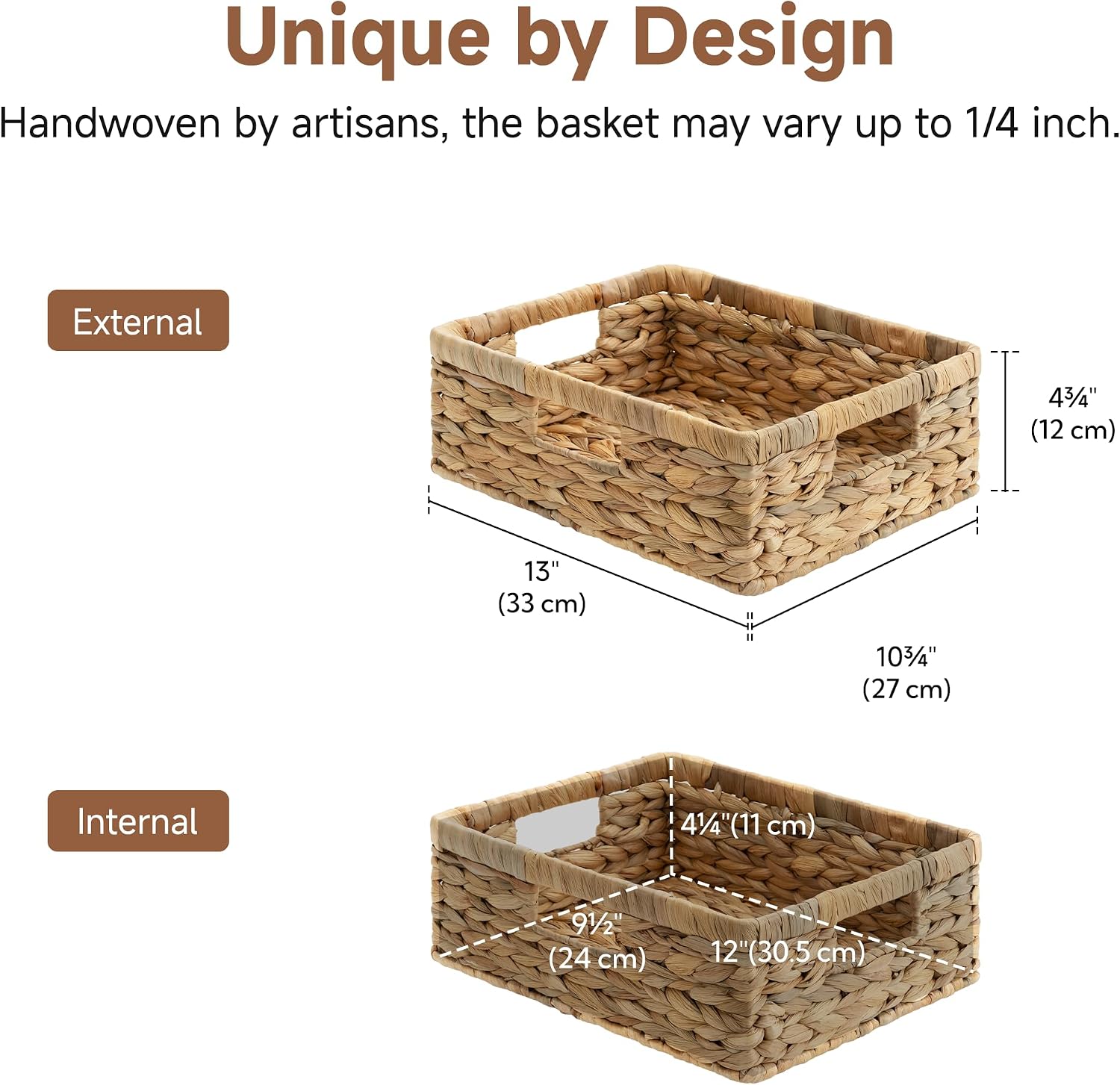 StorageWorks Pantry Baskets, Wicker Storage Baskets for Organizing, Shelves, Pantry Organizers and Storage, Water Hyacinth, 13" L x 10¼"W x 4 ¾"H