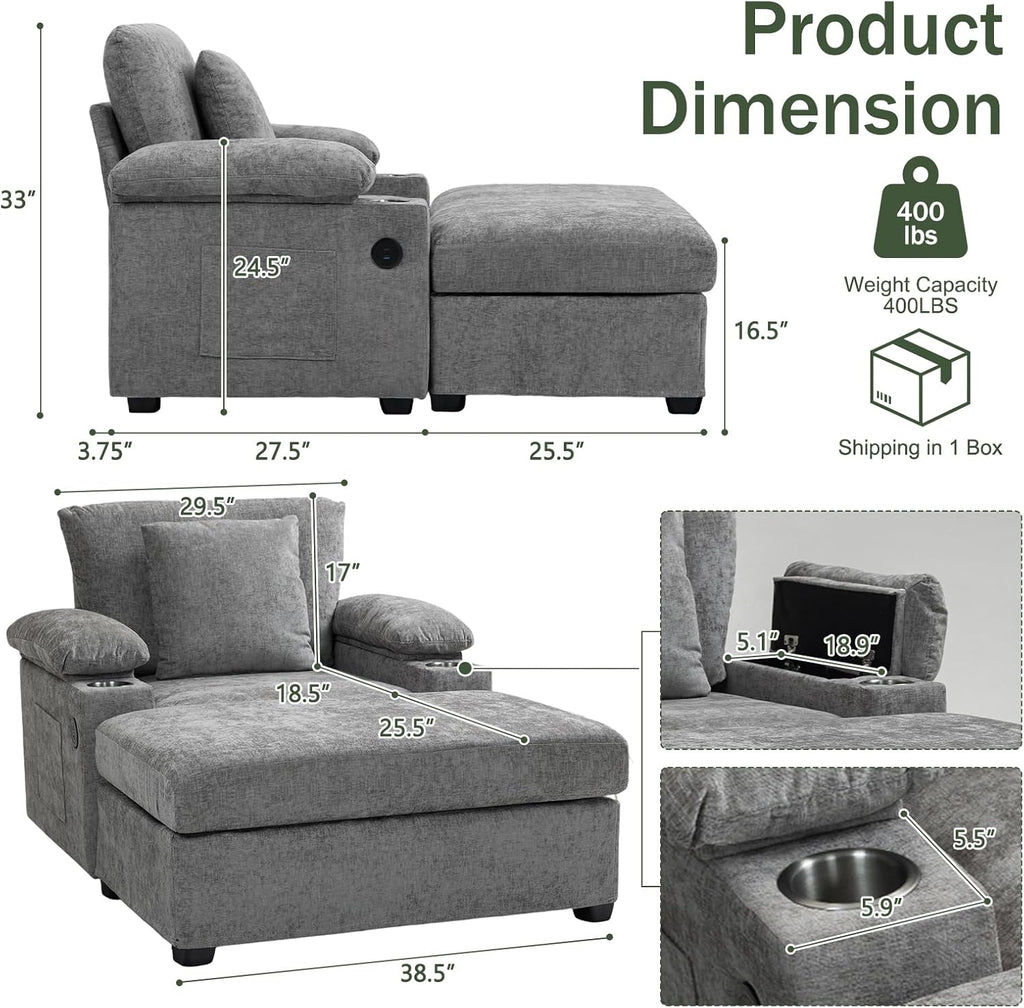 Oversized Chaise Lounge Chair with Ottoman and Cup Holders, Modern Sleeper Sofa with USB Charging Ports for Living Room and Bedroom (Grey)